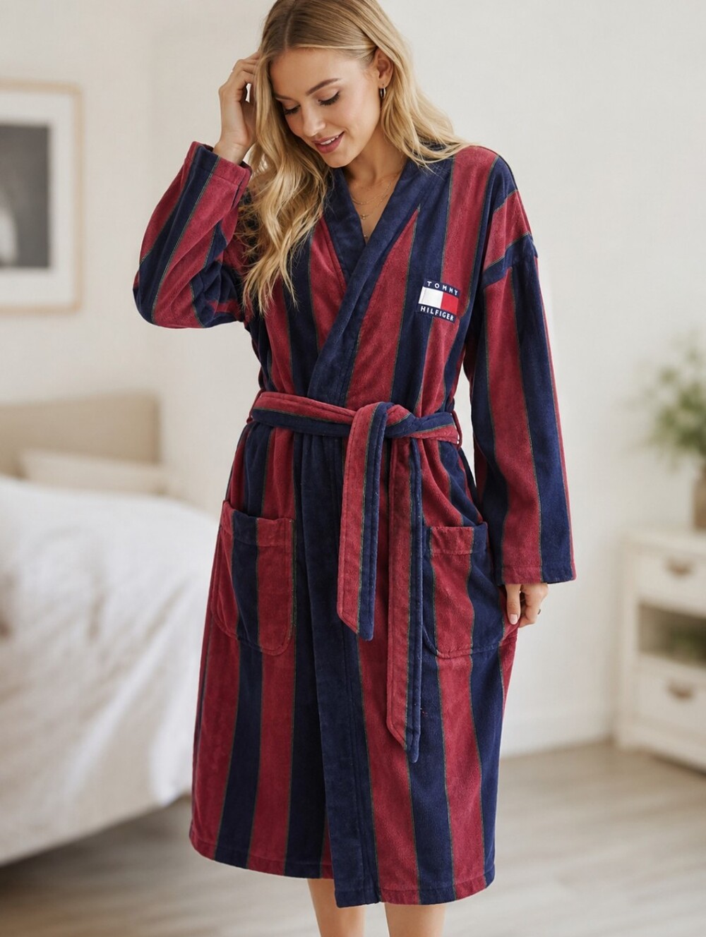 Vintage 1990s Tommy Hilfiger striped terry cloth bathrobe